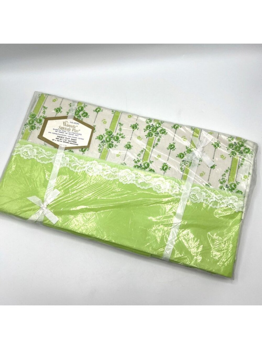 Vintage Wamsutta Supercale Plus Double Flat Sheet Green Rambling Rose Lace Full